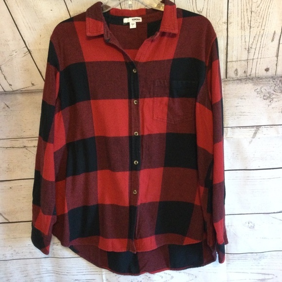 Sonoma Tops - Sonoma Red and Black Flannel Plaid Button-Up Shirt Casual Layering Large
